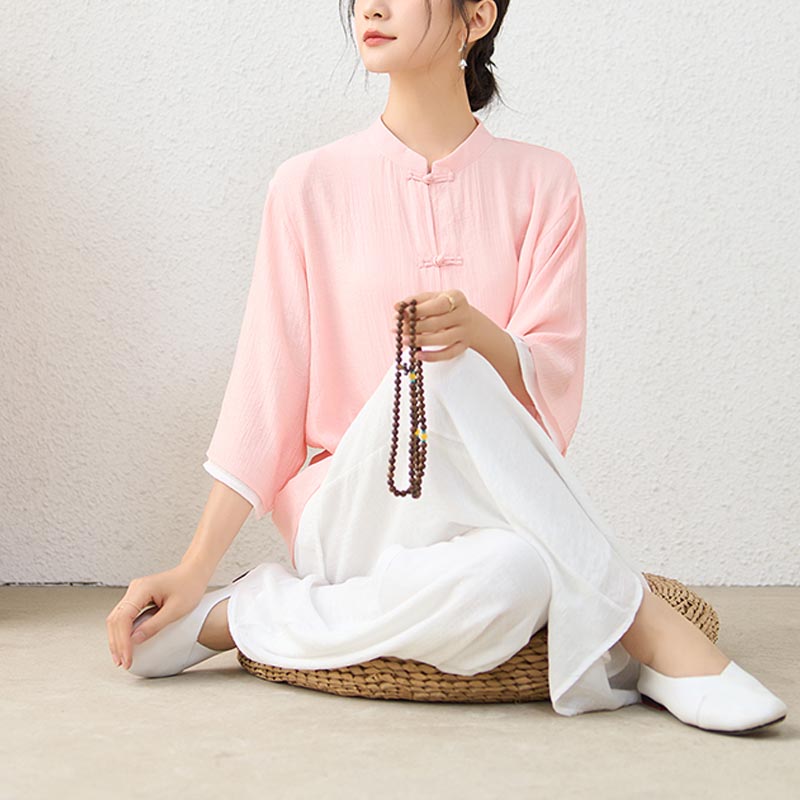 Nimara Ritual 2Pcs Simple Chinese Frog Button Design Top Pants Meditation Yoga Zen Tai Chi Cotton Clothing Women's Set
