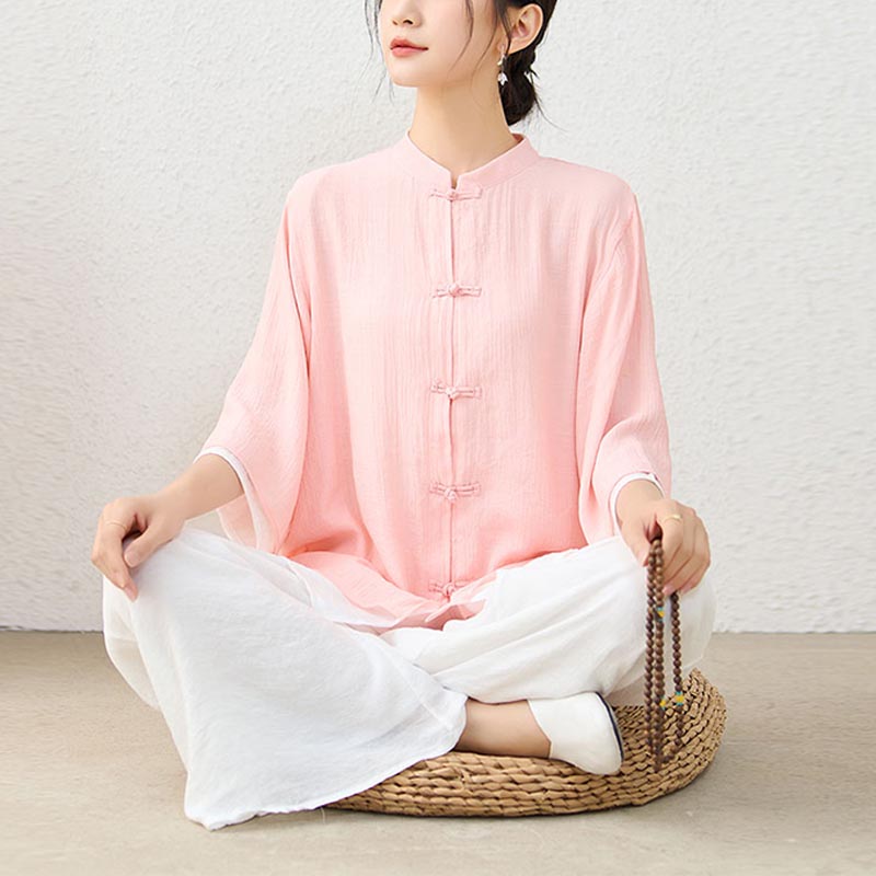 Nimara Ritual 2Pcs Simple Chinese Frog Button Design Top Pants Meditation Yoga Zen Tai Chi Cotton Clothing Women's Set