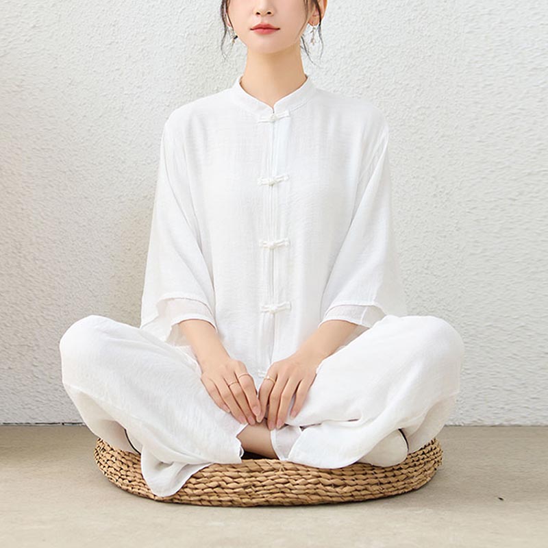 Nimara Ritual 2Pcs Simple Chinese Frog Button Design Top Pants Meditation Yoga Zen Tai Chi Cotton Clothing Women's Set