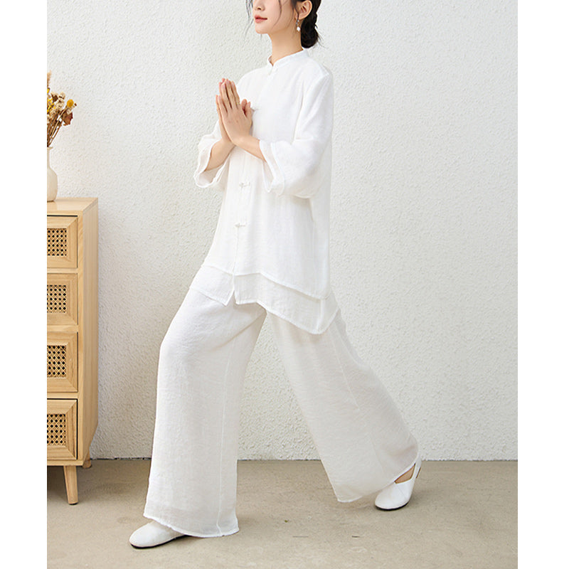 Nimara Ritual 2Pcs Simple Chinese Frog Button Design Top Pants Meditation Yoga Zen Tai Chi Cotton Clothing Women's Set