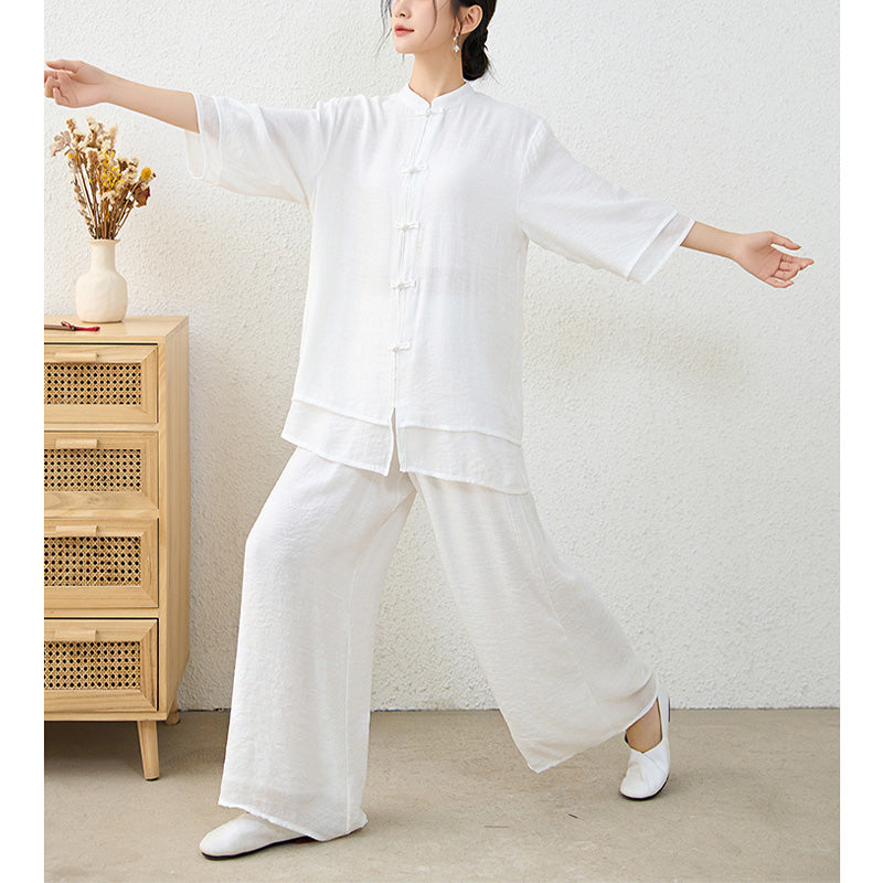 Nimara Ritual 2Pcs Simple Chinese Frog Button Design Top Pants Meditation Yoga Zen Tai Chi Cotton Clothing Women's Set