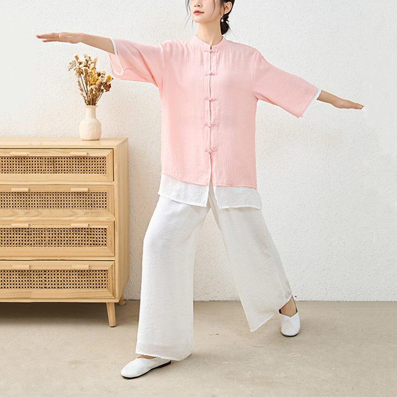 Nimara Ritual 2Pcs Simple Chinese Frog Button Design Top Pants Meditation Yoga Zen Tai Chi Cotton Clothing Women's Set