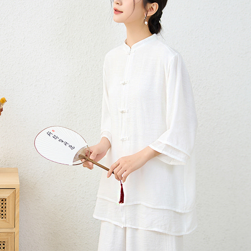 Nimara Ritual 2Pcs Simple Chinese Frog Button Design Top Pants Meditation Yoga Zen Tai Chi Cotton Clothing Women's Set