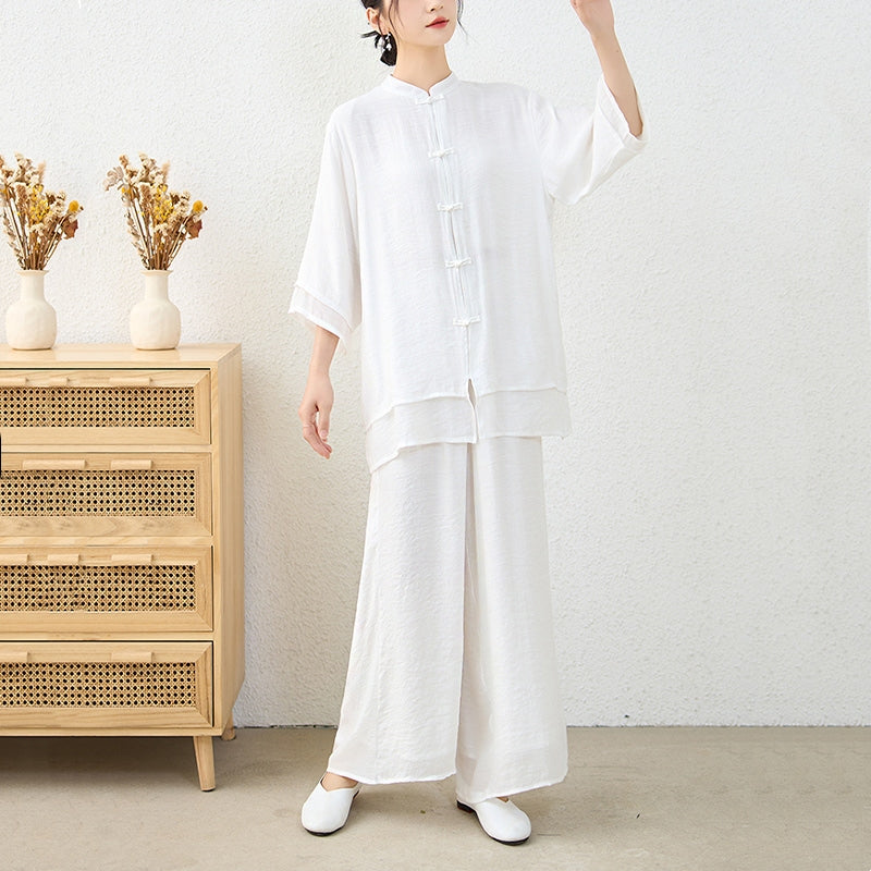 Nimara Ritual 2Pcs Simple Chinese Frog Button Design Top Pants Meditation Yoga Zen Tai Chi Cotton Clothing Women's Set