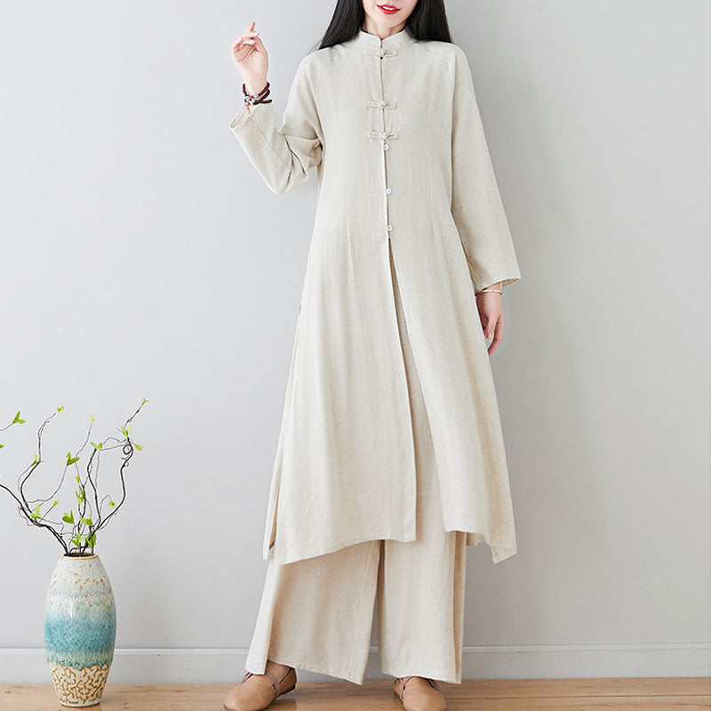 Nimara Ritual 2Pcs Chinese Frog Button Design Zen Tai Chi Meditation Clothing Top Pants Women's Set
