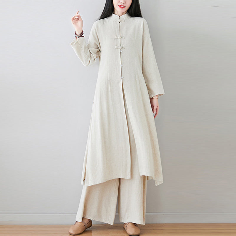 Nimara Ritual 2Pcs Chinese Frog Button Design Zen Tai Chi Meditation Clothing Top Pants Women's Set