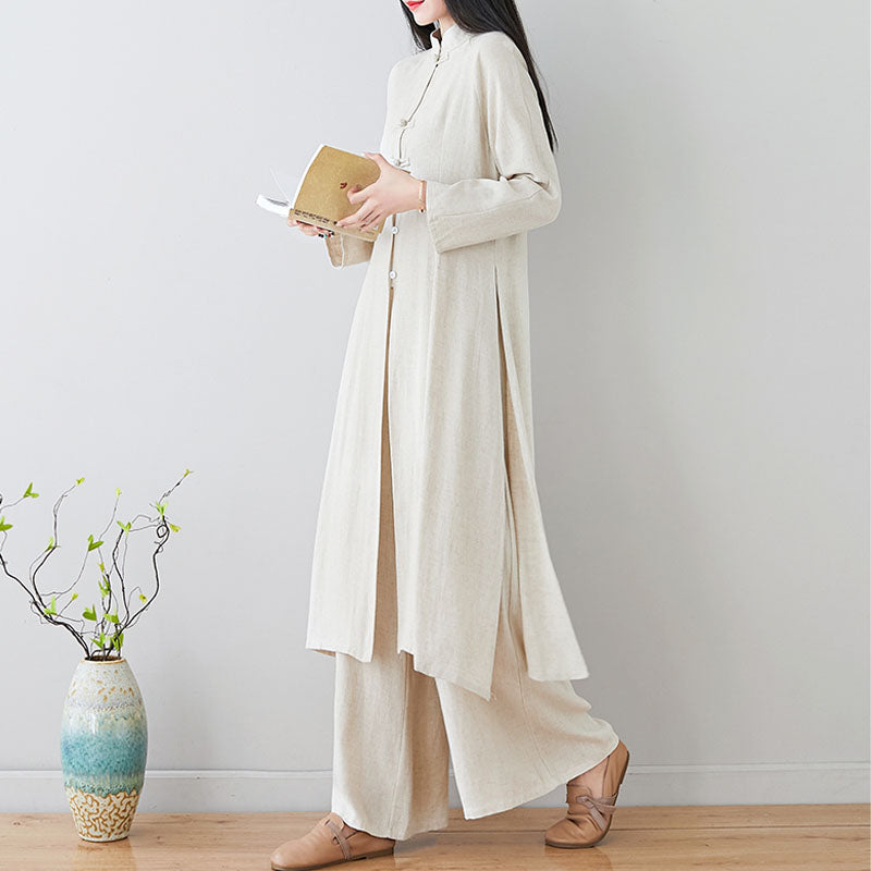 Nimara Ritual 2Pcs Chinese Frog Button Design Zen Tai Chi Meditation Clothing Top Pants Women's Set