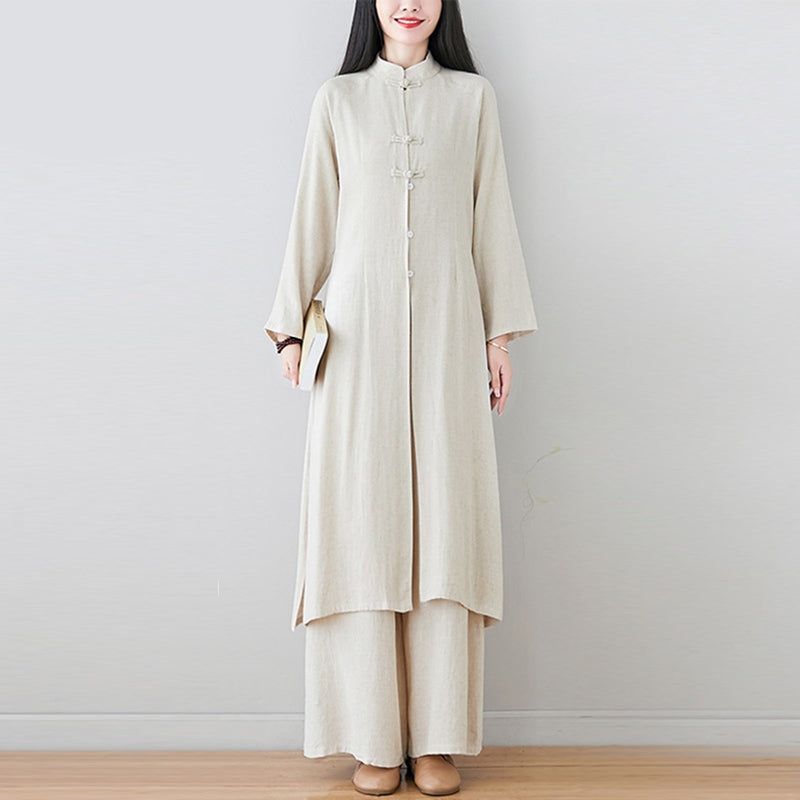 Nimara Ritual 2Pcs Chinese Frog Button Design Zen Tai Chi Meditation Clothing Top Pants Women's Set
