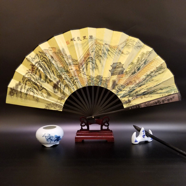 Nimara Ritual Great Wall Mountains Trees Crane Bamboo Handheld Bamboo Folding Fan 33.5cm