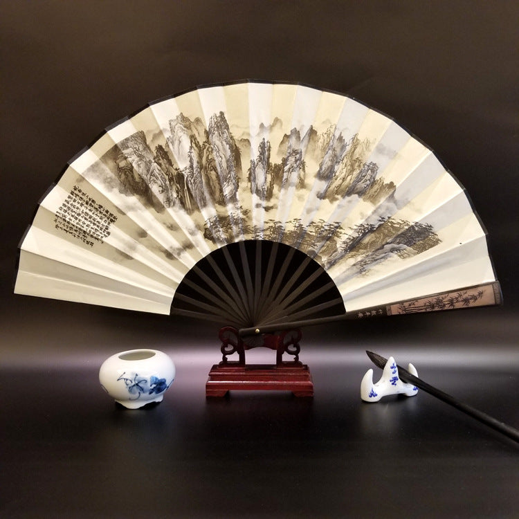 Nimara Ritual Great Wall Mountains Trees Crane Bamboo Handheld Bamboo Folding Fan 33.5cm