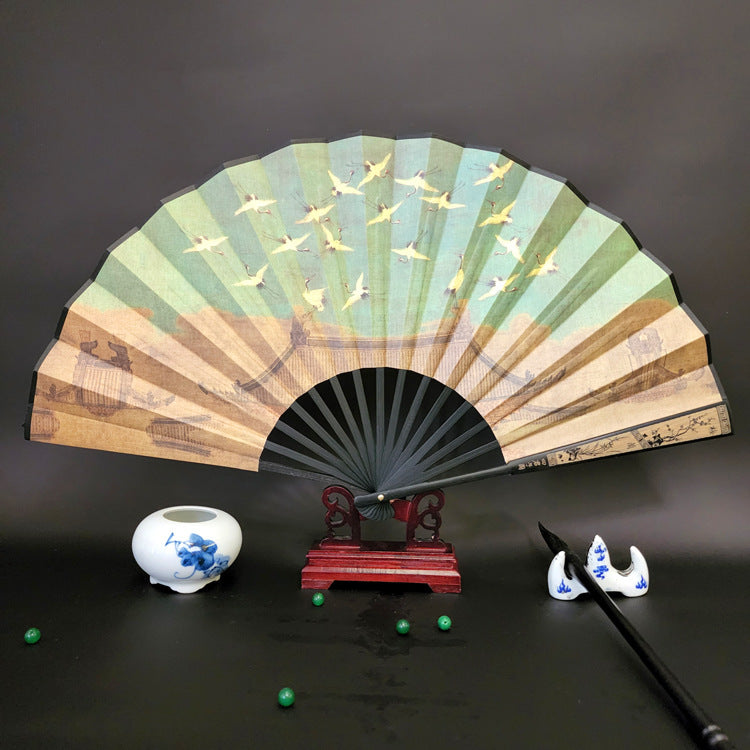 Nimara Ritual Great Wall Mountains Trees Crane Bamboo Handheld Bamboo Folding Fan 33.5cm