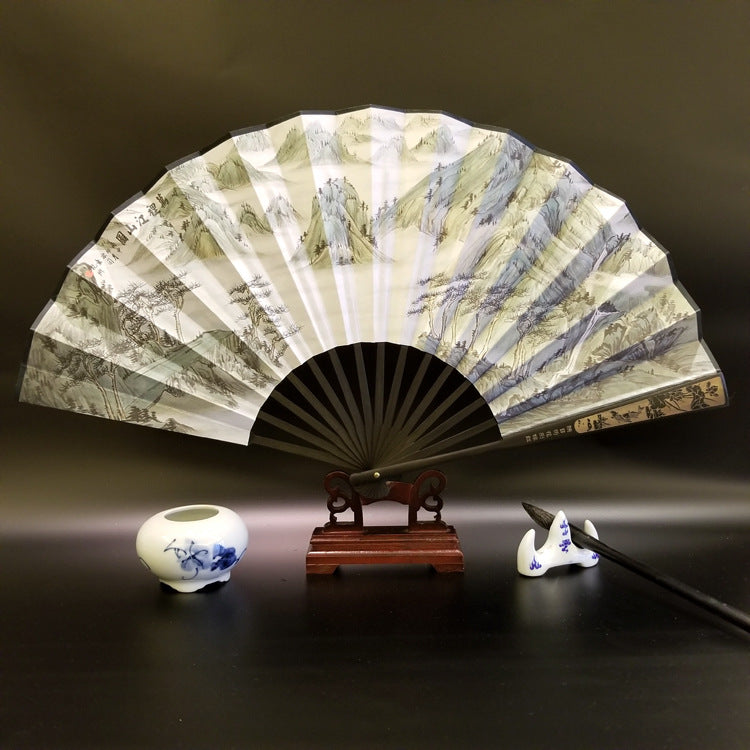 Nimara Ritual Great Wall Mountains Trees Crane Bamboo Handheld Bamboo Folding Fan 33.5cm