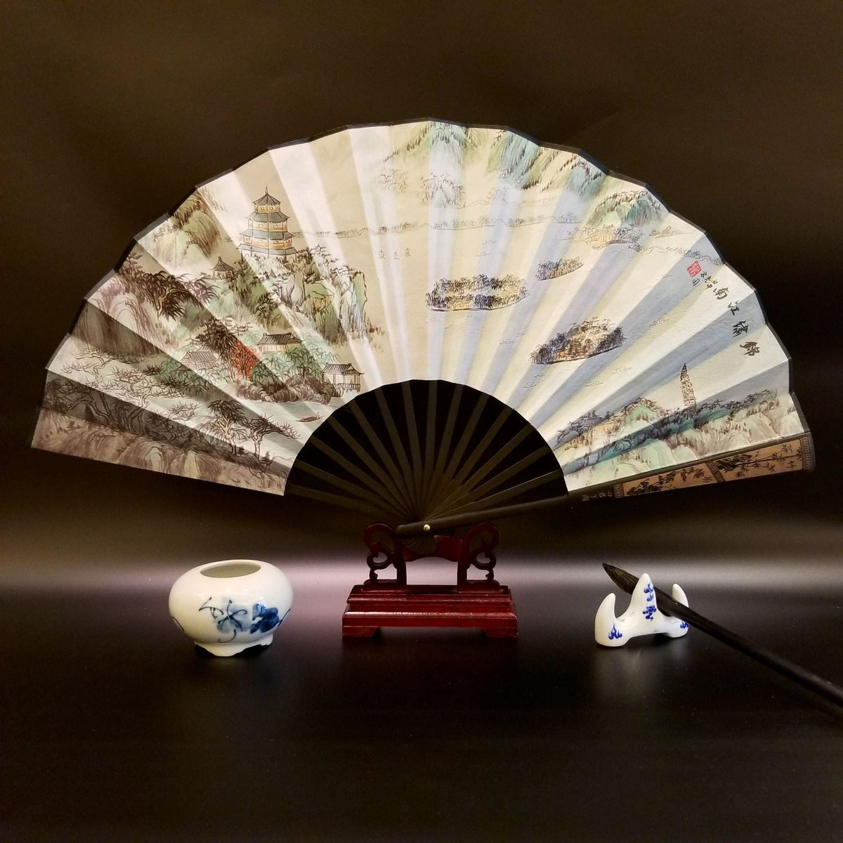 Nimara Ritual Great Wall Mountains Trees Crane Bamboo Handheld Bamboo Folding Fan 33.5cm