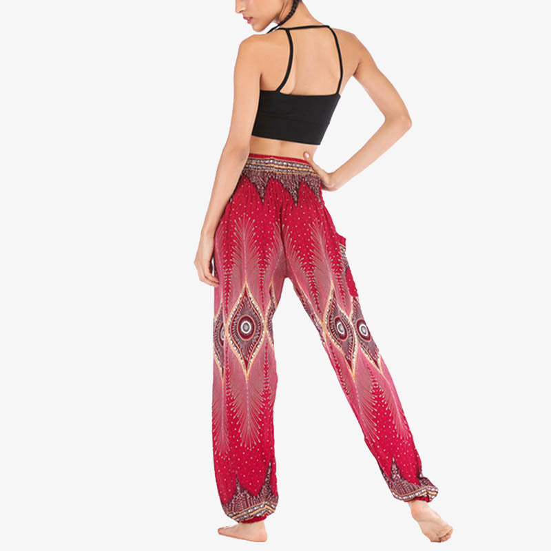 Nimara Ritual Small Eye Peacock Feathers Pattern Loose Smocked Harem Trousers High Waist Women's Yoga Pants