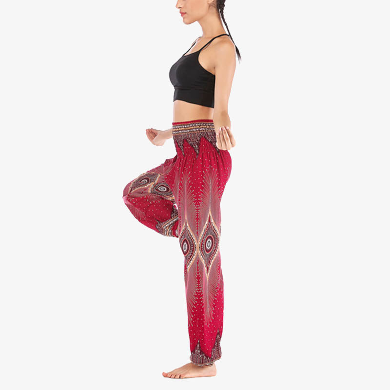 Nimara Ritual Small Eye Peacock Feathers Pattern Loose Smocked Harem Trousers High Waist Women's Yoga Pants