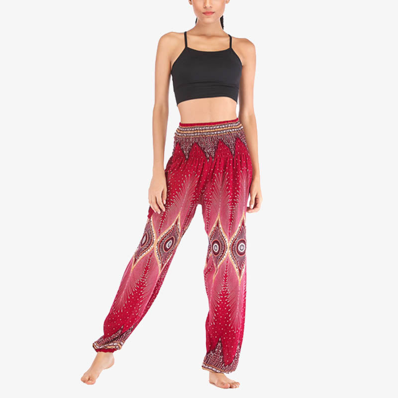 Nimara Ritual Small Eye Peacock Feathers Pattern Loose Smocked Harem Trousers High Waist Women's Yoga Pants