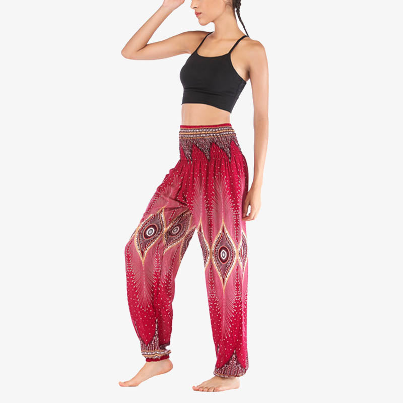 Nimara Ritual Small Eye Peacock Feathers Pattern Loose Smocked Harem Trousers High Waist Women's Yoga Pants