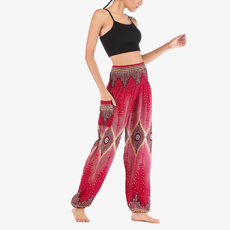 Nimara Ritual Small Eye Peacock Feathers Pattern Loose Smocked Harem Trousers High Waist Women's Yoga Pants