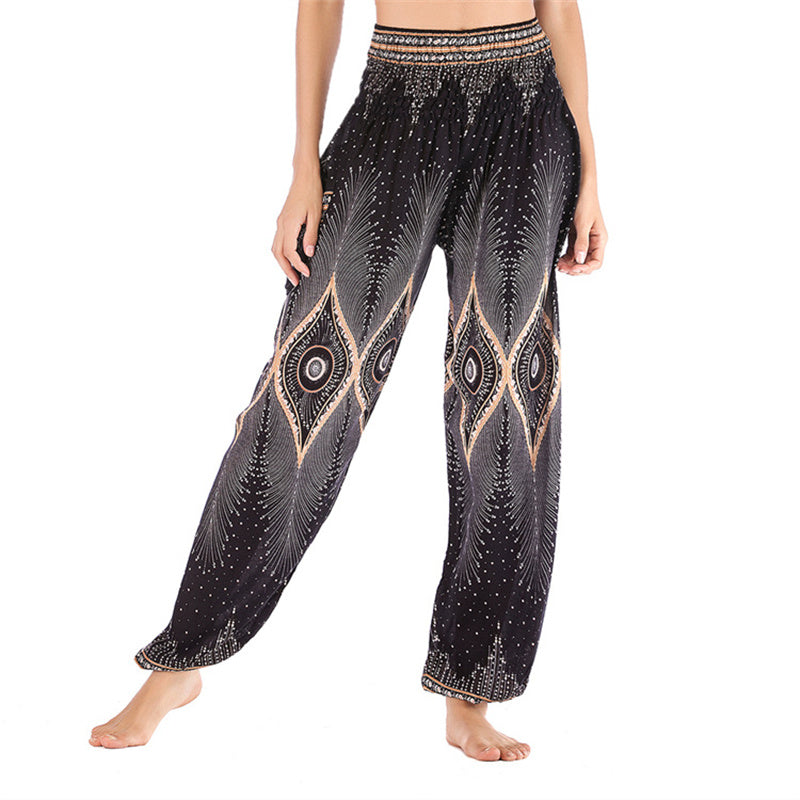 Nimara Ritual Small Eye Peacock Feathers Pattern Loose Smocked Harem Trousers High Waist Women's Yoga Pants