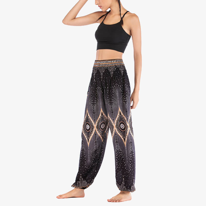 Nimara Ritual Small Eye Peacock Feathers Pattern Loose Smocked Harem Trousers High Waist Women's Yoga Pants