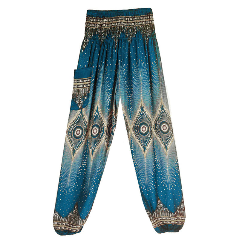 Nimara Ritual Small Eye Peacock Feathers Pattern Loose Smocked Harem Trousers High Waist Women's Yoga Pants