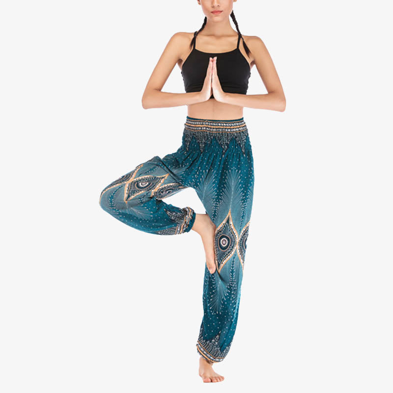 Nimara Ritual Small Eye Peacock Feathers Pattern Loose Smocked Harem Trousers High Waist Women's Yoga Pants