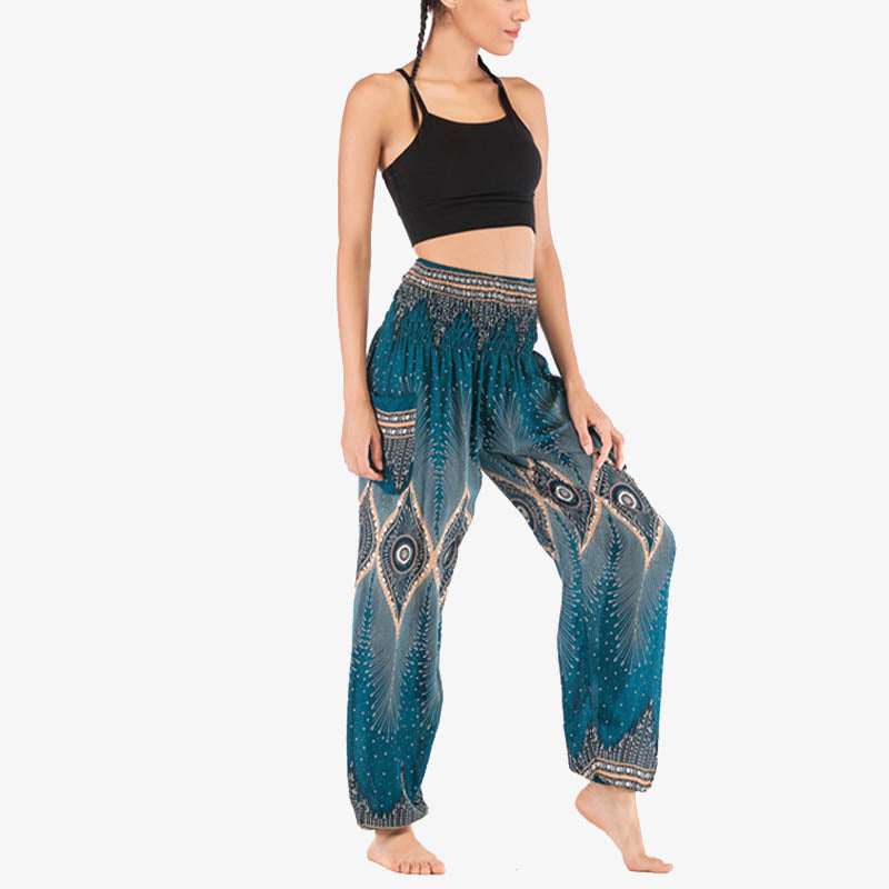 Nimara Ritual Small Eye Peacock Feathers Pattern Loose Smocked Harem Trousers High Waist Women's Yoga Pants