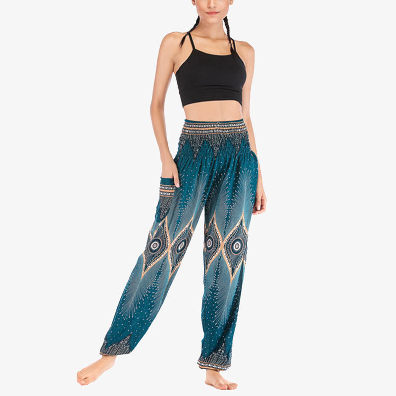 Nimara Ritual Small Eye Peacock Feathers Pattern Loose Smocked Harem Trousers High Waist Women's Yoga Pants