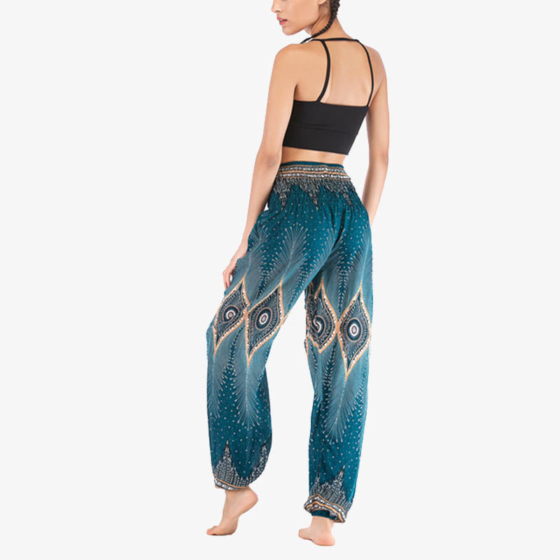 Nimara Ritual Small Eye Peacock Feathers Pattern Loose Smocked Harem Trousers High Waist Women's Yoga Pants