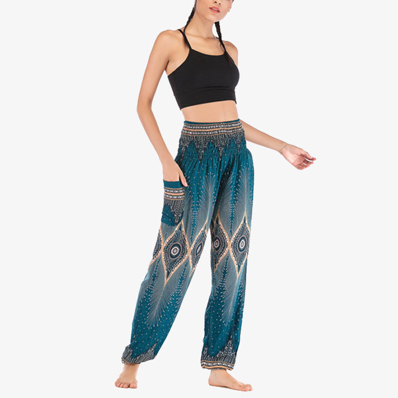 Nimara Ritual Small Eye Peacock Feathers Pattern Loose Smocked Harem Trousers High Waist Women's Yoga Pants