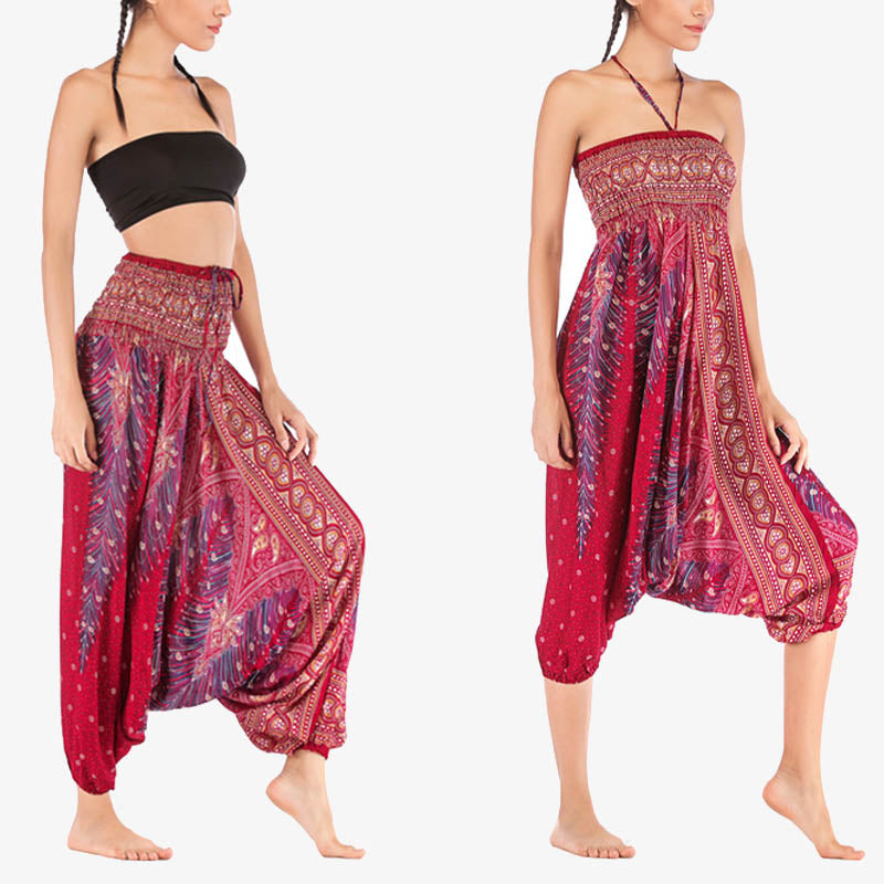 Nimara Ritual Two Style Wear Feathers Geometric Pattern Loose Smocked Trousers Jumpsuit Women's Yoga Pants