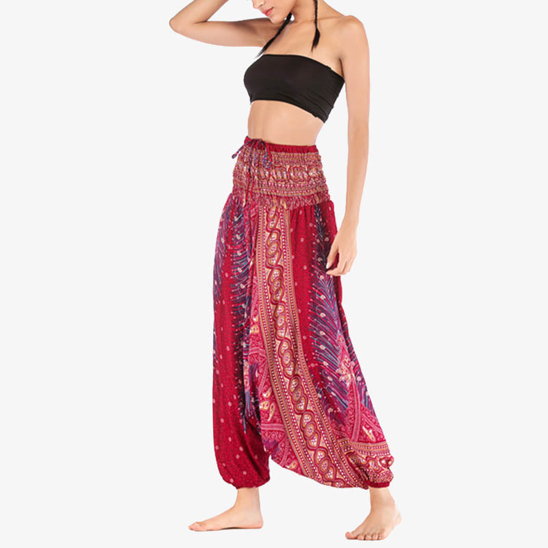 Nimara Ritual Two Style Wear Feathers Geometric Pattern Loose Smocked Trousers Jumpsuit Women's Yoga Pants