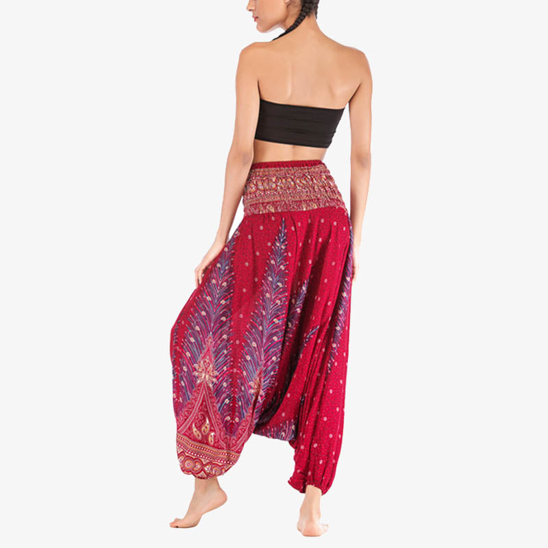 Nimara Ritual Two Style Wear Feathers Geometric Pattern Loose Smocked Trousers Jumpsuit Women's Yoga Pants