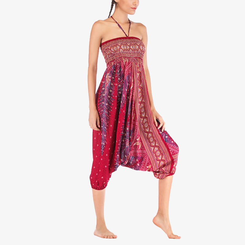 Nimara Ritual Two Style Wear Feathers Geometric Pattern Loose Smocked Trousers Jumpsuit Women's Yoga Pants