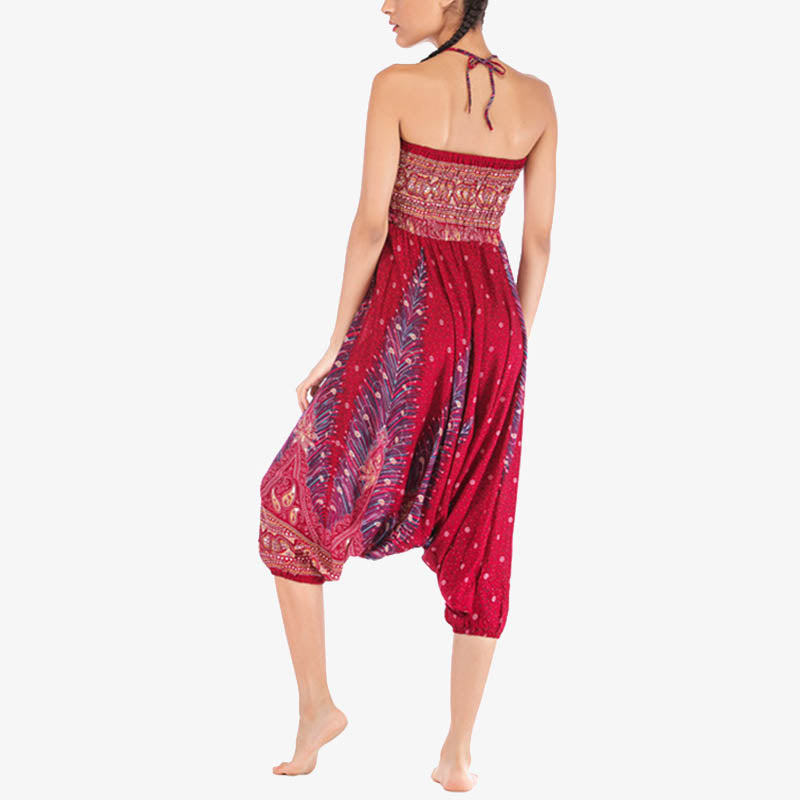Nimara Ritual Two Style Wear Feathers Geometric Pattern Loose Smocked Trousers Jumpsuit Women's Yoga Pants
