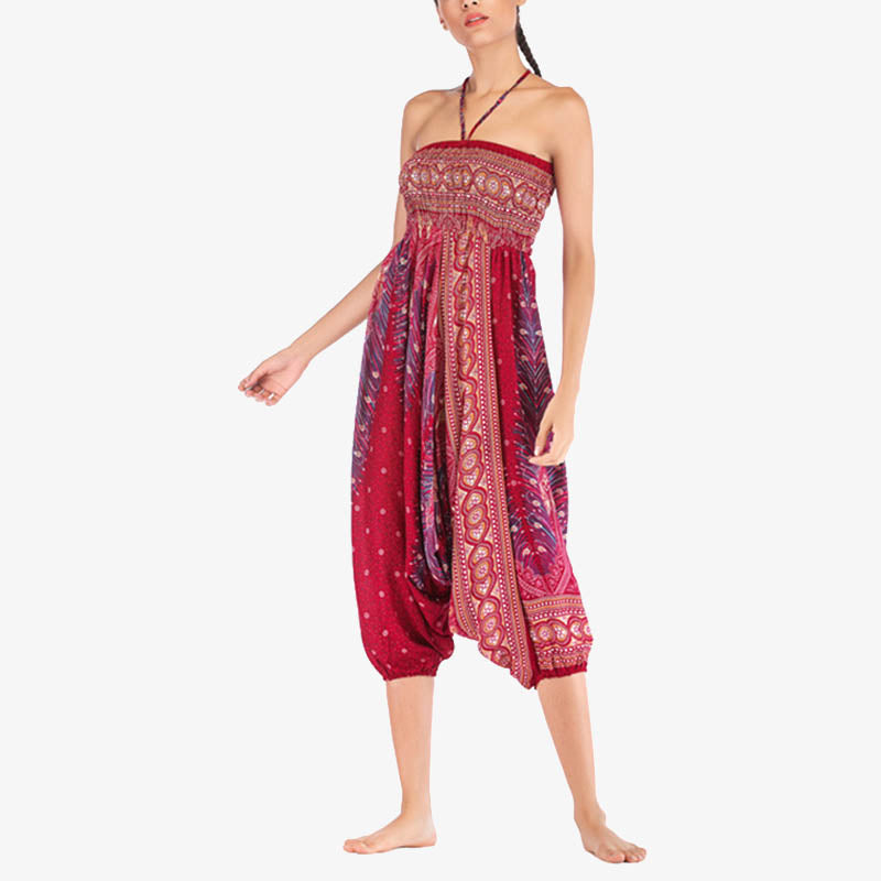 Nimara Ritual Two Style Wear Feathers Geometric Pattern Loose Smocked Trousers Jumpsuit Women's Yoga Pants