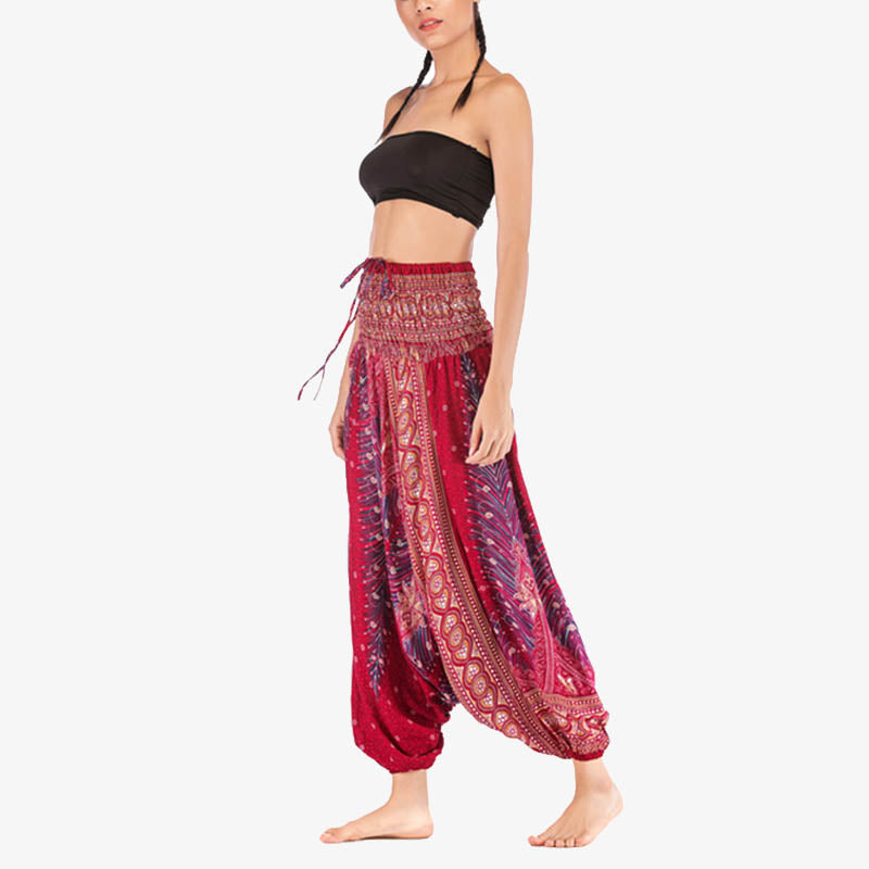 Nimara Ritual Two Style Wear Feathers Geometric Pattern Loose Smocked Trousers Jumpsuit Women's Yoga Pants