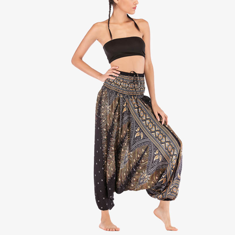Nimara Ritual Two Style Wear Feathers Geometric Pattern Loose Smocked Trousers Jumpsuit Women's Yoga Pants