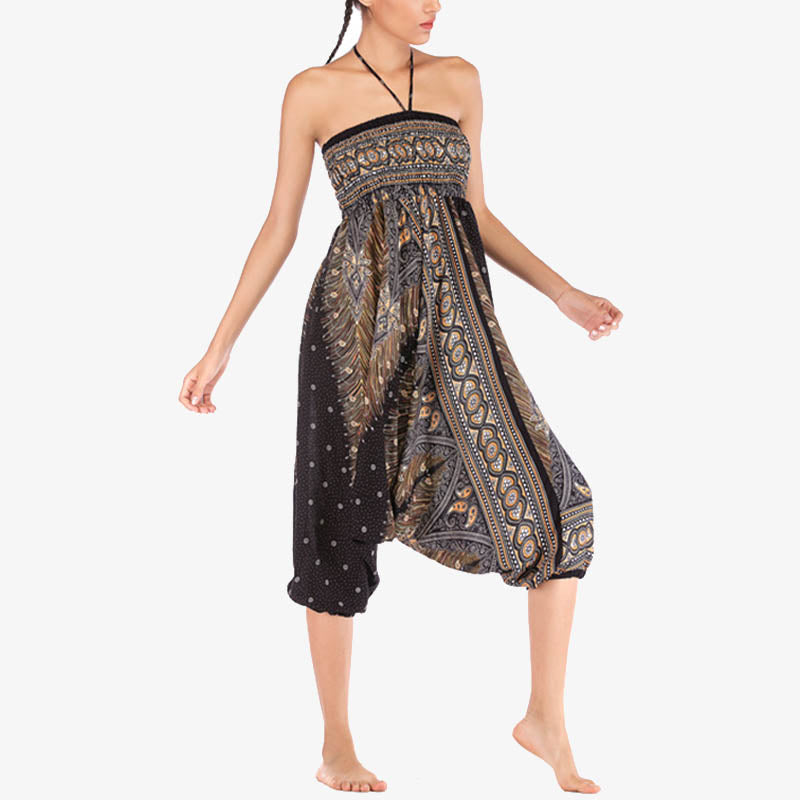 Nimara Ritual Two Style Wear Feathers Geometric Pattern Loose Smocked Trousers Jumpsuit Women's Yoga Pants