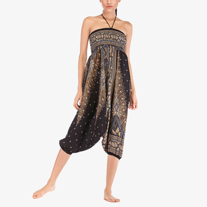 Nimara Ritual Two Style Wear Feathers Geometric Pattern Loose Smocked Trousers Jumpsuit Women's Yoga Pants