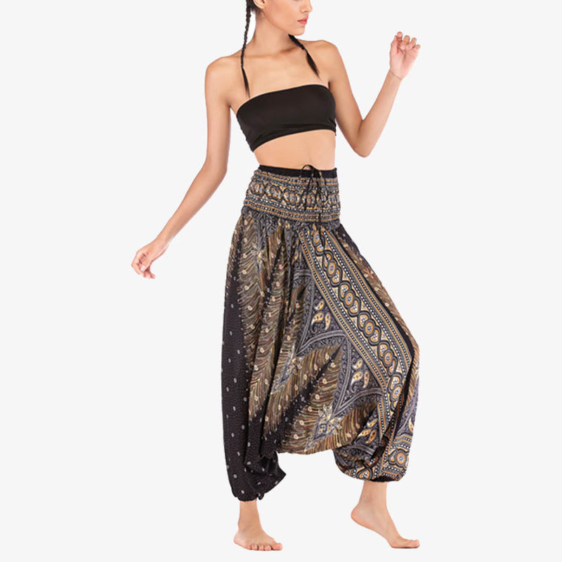 Nimara Ritual Two Style Wear Feathers Geometric Pattern Loose Smocked Trousers Jumpsuit Women's Yoga Pants