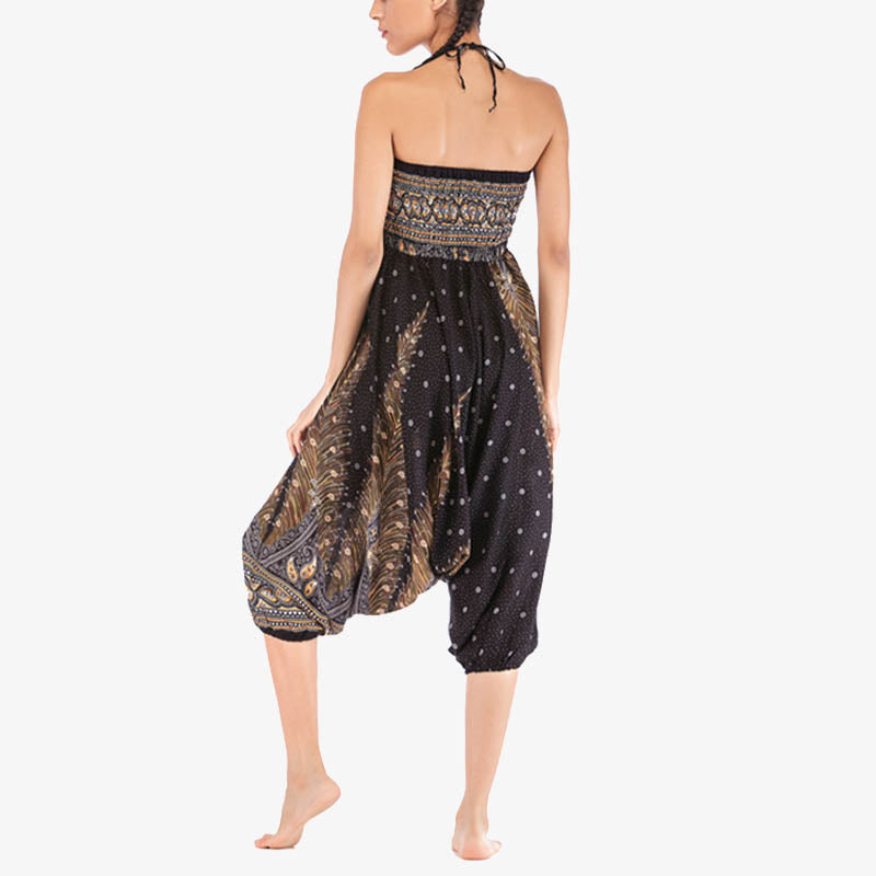 Nimara Ritual Two Style Wear Feathers Geometric Pattern Loose Smocked Trousers Jumpsuit Women's Yoga Pants