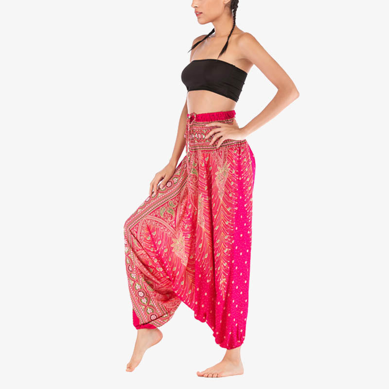 Nimara Ritual Two Style Wear Feathers Geometric Pattern Loose Smocked Trousers Jumpsuit Women's Yoga Pants