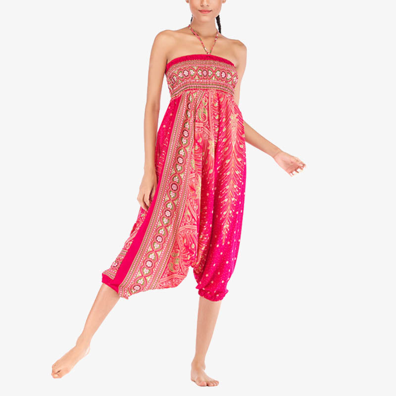 Nimara Ritual Two Style Wear Feathers Geometric Pattern Loose Smocked Trousers Jumpsuit Women's Yoga Pants
