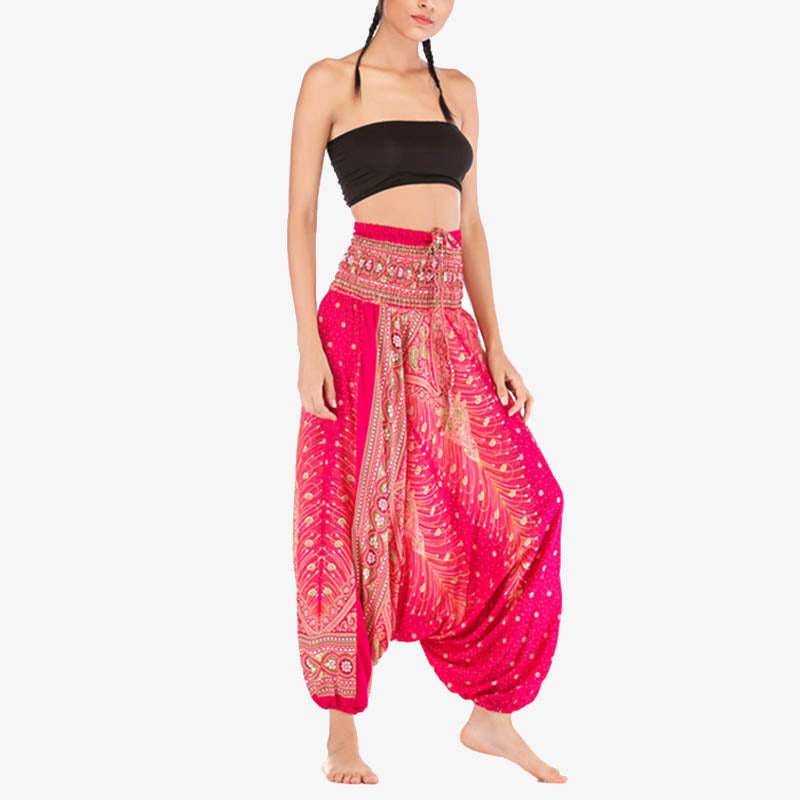 Nimara Ritual Two Style Wear Feathers Geometric Pattern Loose Smocked Trousers Jumpsuit Women's Yoga Pants