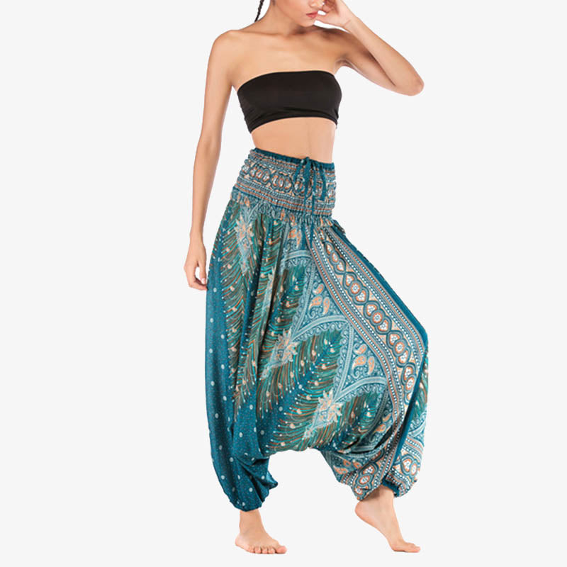 Nimara Ritual Two Style Wear Feathers Geometric Pattern Loose Smocked Trousers Jumpsuit Women's Yoga Pants