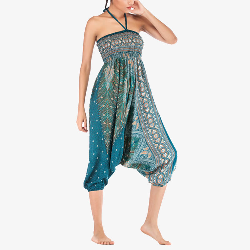 Nimara Ritual Two Style Wear Feathers Geometric Pattern Loose Smocked Trousers Jumpsuit Women's Yoga Pants