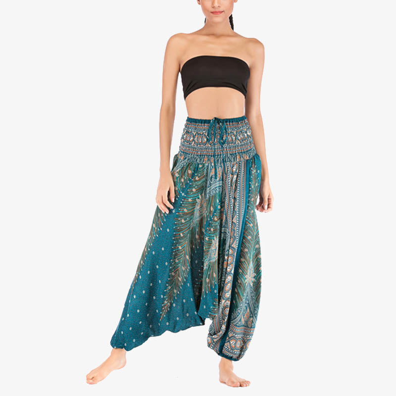 Nimara Ritual Two Style Wear Feathers Geometric Pattern Loose Smocked Trousers Jumpsuit Women's Yoga Pants
