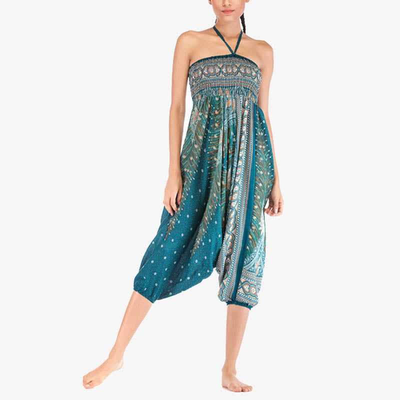 Nimara Ritual Two Style Wear Feathers Geometric Pattern Loose Smocked Trousers Jumpsuit Women's Yoga Pants