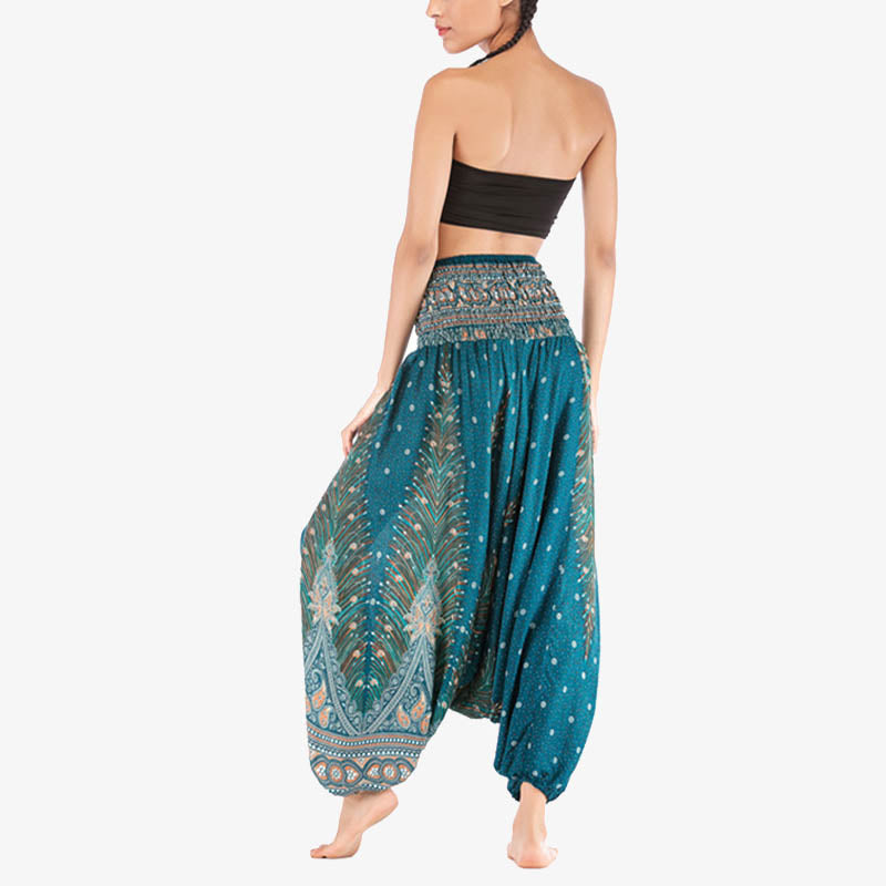 Nimara Ritual Two Style Wear Feathers Geometric Pattern Loose Smocked Trousers Jumpsuit Women's Yoga Pants